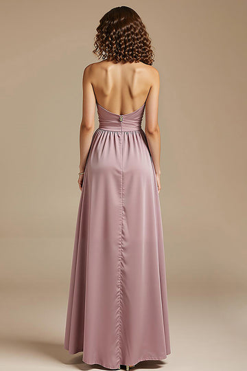 Strapless Dusty Rose A Line Ruched Maxi Evening Dress